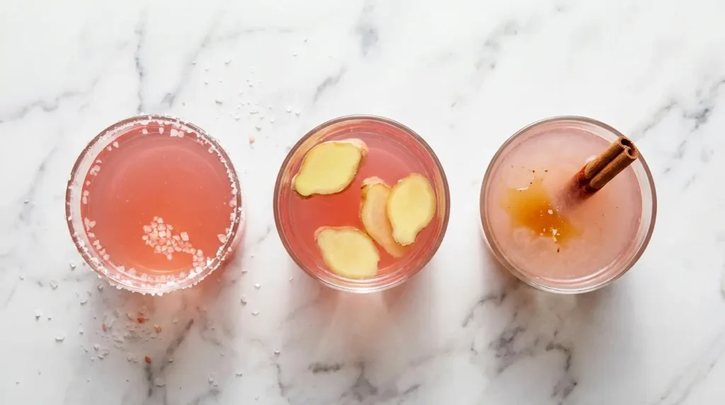 Three variations of the pink salt weight loss drink — original, ginger version, and ACV stack side by side