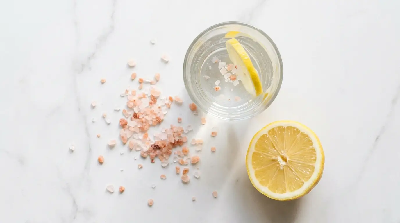 Pink salt recipe for weight loss — glass of water with Himalayan pink salt and lemon on marble surface