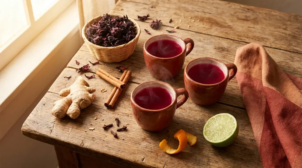 Overhead flat-lay of three clay cups of hibiscus tea surrounded by dried hibiscus flowers, ginger, cinnamon, cloves, and lime — showing the Caribbean and Latin American origins of pipi hibiscus tea