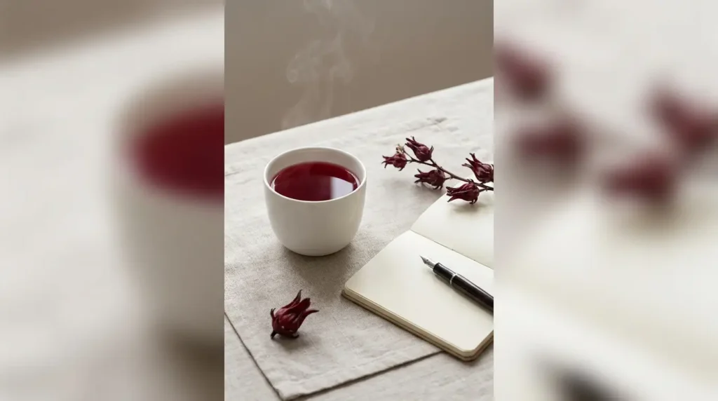 White ceramic cup of hot ruby-red pipi hibiscus tea with rising steam, dried hibiscus calyx, and an open notebook on a linen surface, illustrating the science-backed health benefits of hibiscus