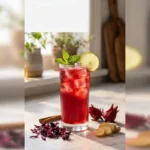 Tall glass of ruby-red iced pipi hibiscus tea with mint and lime, surrounded by dried hibiscus calyces, cinnamon, and ginger on a marble surface