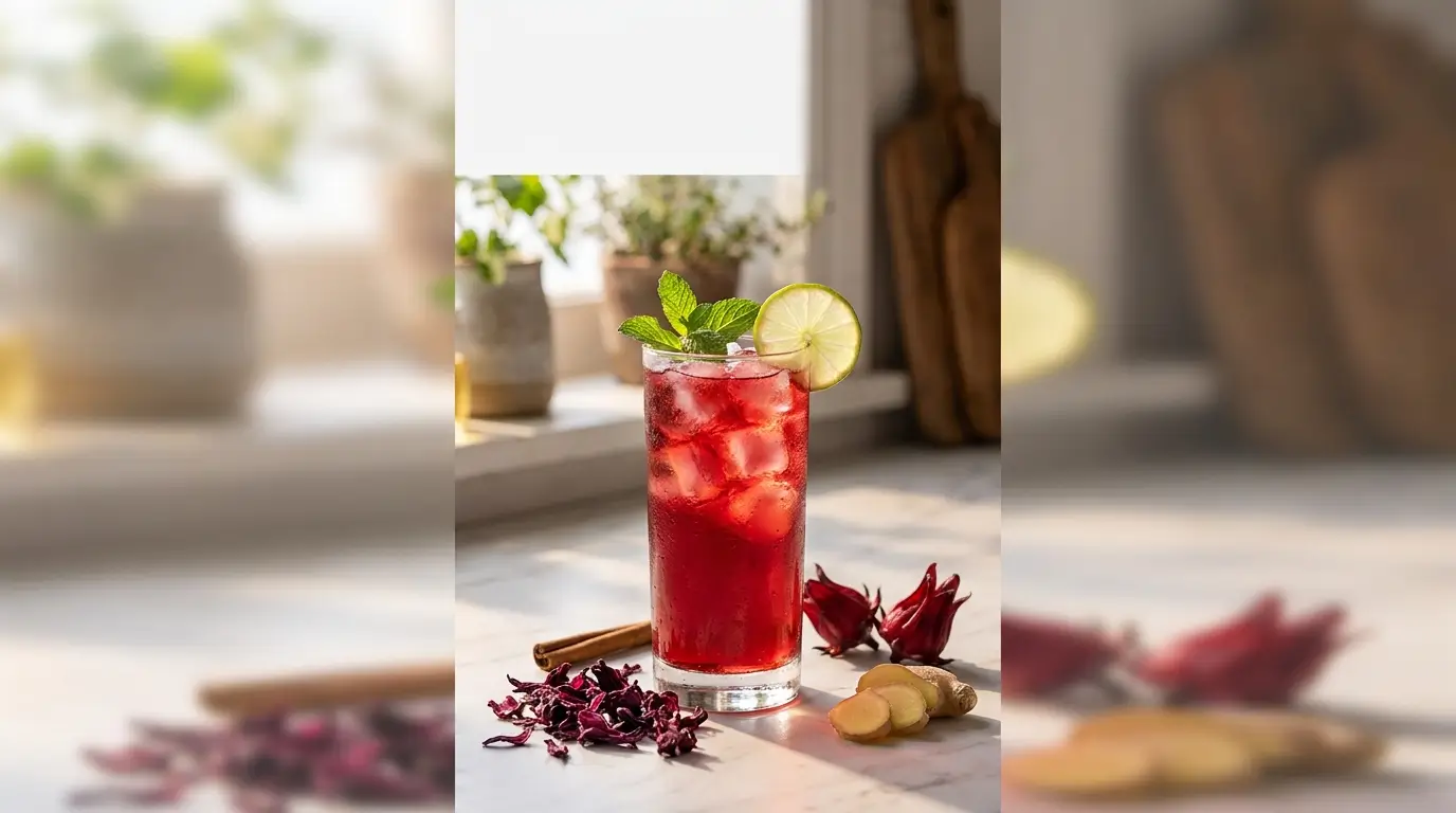Tall glass of ruby-red iced pipi hibiscus tea with mint and lime, surrounded by dried hibiscus calyces, cinnamon, and ginger on a marble surface