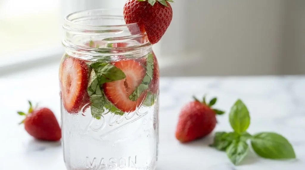 A clear glass mason jar of strawberry-basil infused water with sliced strawberries and torn basil leaves, condensation on the glass
