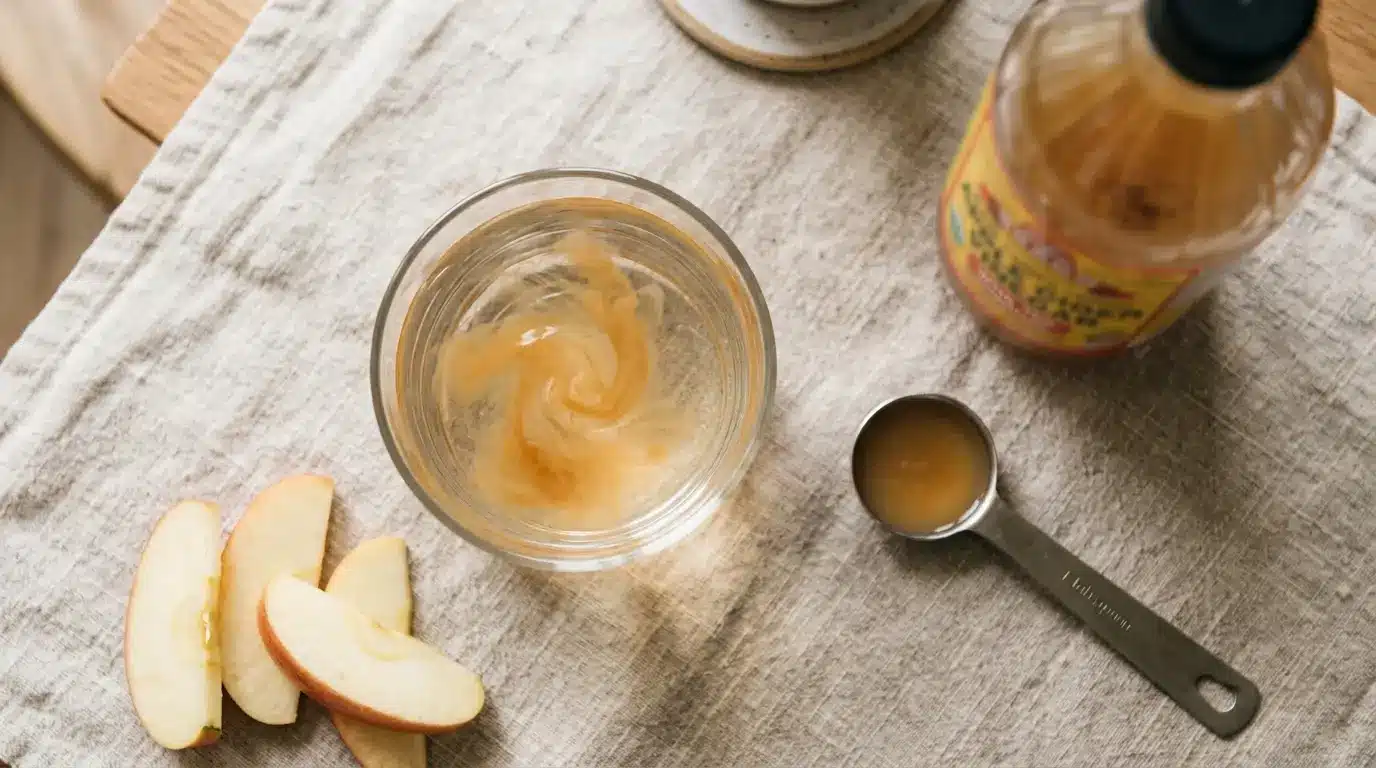 A tablespoon of apple cider vinegar being added to a glass of water, with measuring spoon and ACV bottle nearby