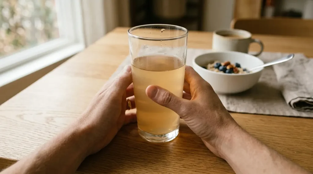 Hands holding a glass of water with diluted apple cider vinegar at a breakfast table in morning light, conveying a low-key daily routine rather than a dramatic health claim