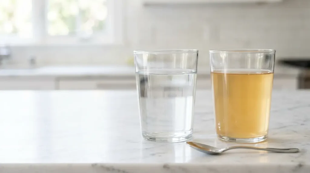 Two glasses of water side by side, one plain and one with a tablespoon of apple cider vinegar showing the amber tint of a typical daily dose