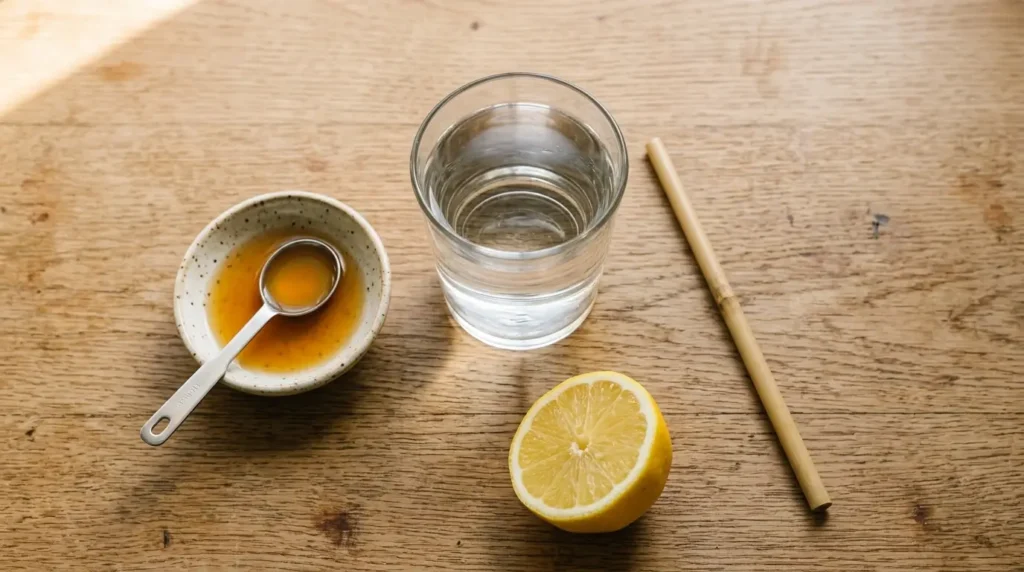 A full glass of water, a measured tablespoon of apple cider vinegar, and a straw laid out on a wooden table, illustrating the dilute-and-use-a-straw method for taking ACV safely