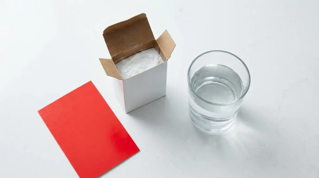 Open box of baking soda beside a glass of water on a white surface with a cautionary card nearby