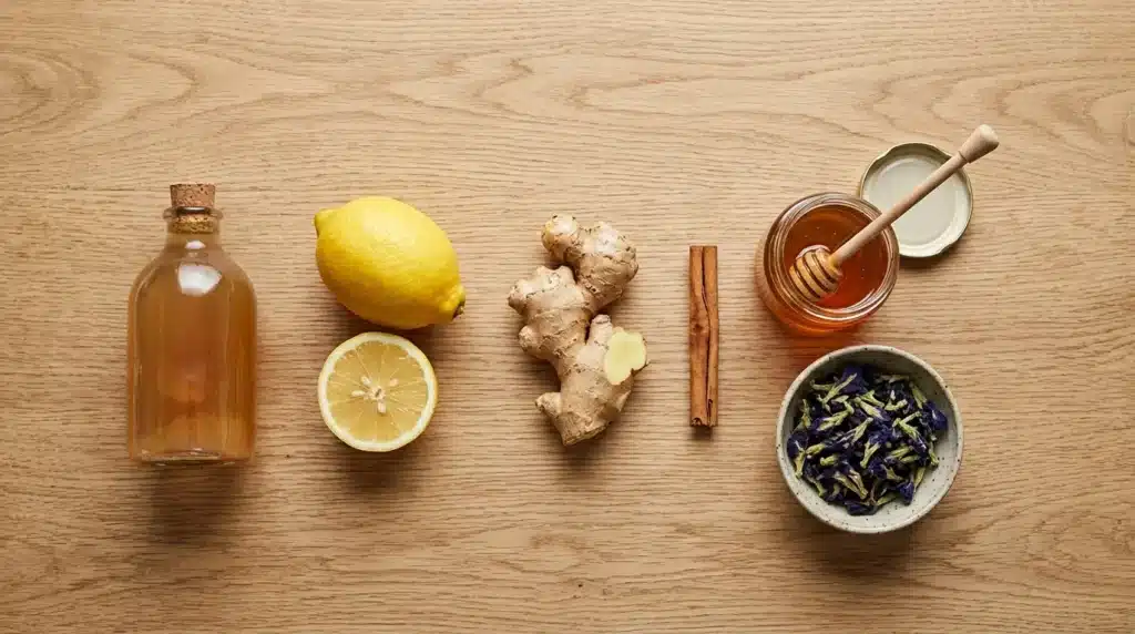 Raw ingredients for the Brazilian Mounjaro drink laid out separately: apple cider vinegar, lemon, fresh ginger, cinnamon, honey, and dried butterfly pea flowers