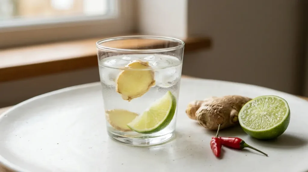 Glass of water with sliced ginger, lime wedge and ice beside loose ingredients on a white surface
