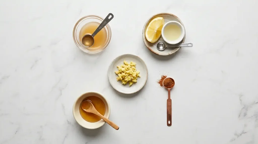 Measured ingredients for the Brazilian Mounjaro recipe — apple cider vinegar, lemon juice, grated ginger, cinnamon, and honey in small bowls