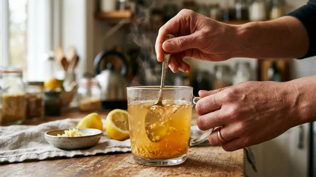 Hands stirring apple cider vinegar and lemon juice into warm water to make the Brazilian Mounjaro drink