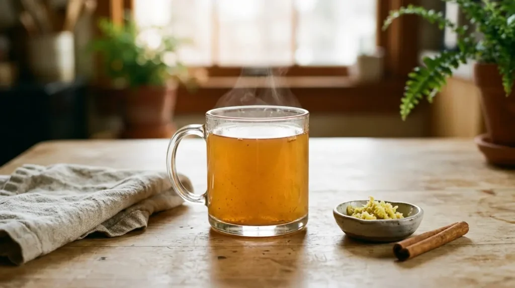Warm Brazilian Mounjaro tonic in a glass mug with steam rising, made with apple cider vinegar, lemon, and ginger