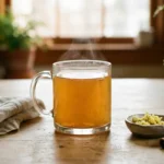 Warm Brazilian Mounjaro tonic in a glass mug with steam rising, made with apple cider vinegar, lemon, and ginger