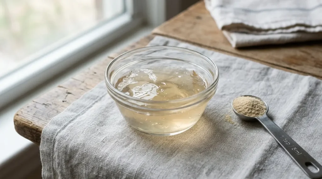 Small bowl of plain unflavored gelatin beside a measuring spoon of gelatin powder on grey linen