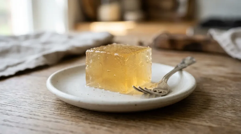 Close-up of a high-protein gelatin square illustrating the protein and pre-meal satiety mechanism