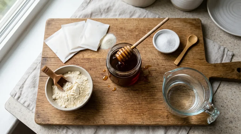 Flat lay of gelatin recipe ingredients including unflavored gelatin, protein powder, honey, and salt
