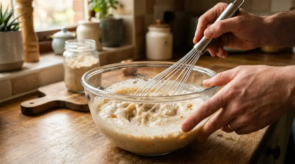Hands whisking gelatin and protein powder together in a mixing bowl for the high-protein gelatin recipe