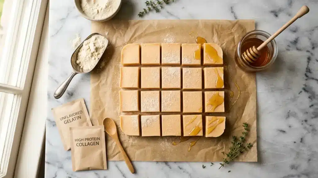 High-protein gelatin bites recipe with ingredients styled on a marble counter