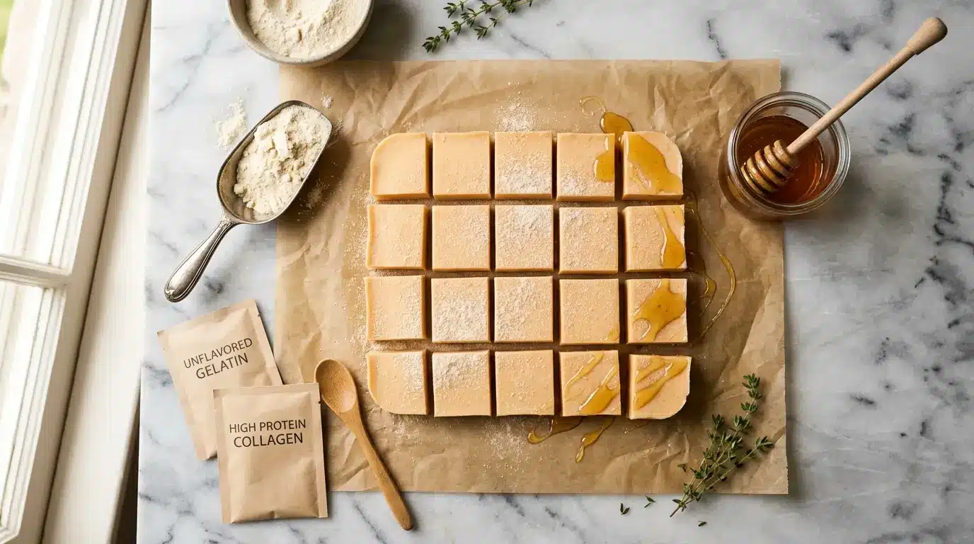 High-protein gelatin bites recipe with ingredients styled on a marble counter