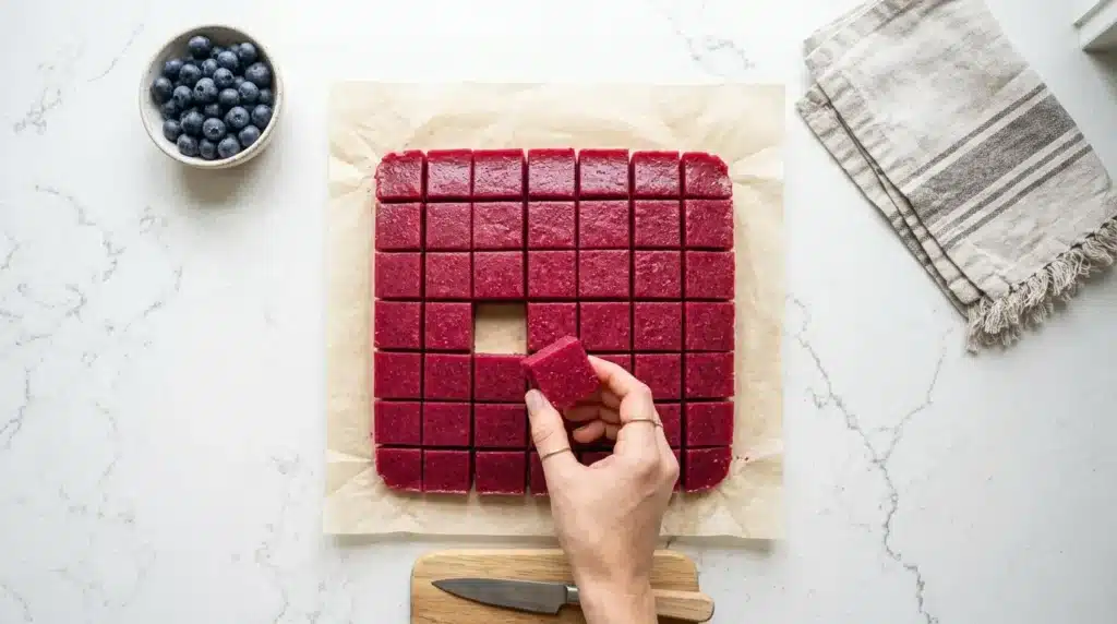 Batch of high-protein gelatin bites cut into squares, one square held up to show texture