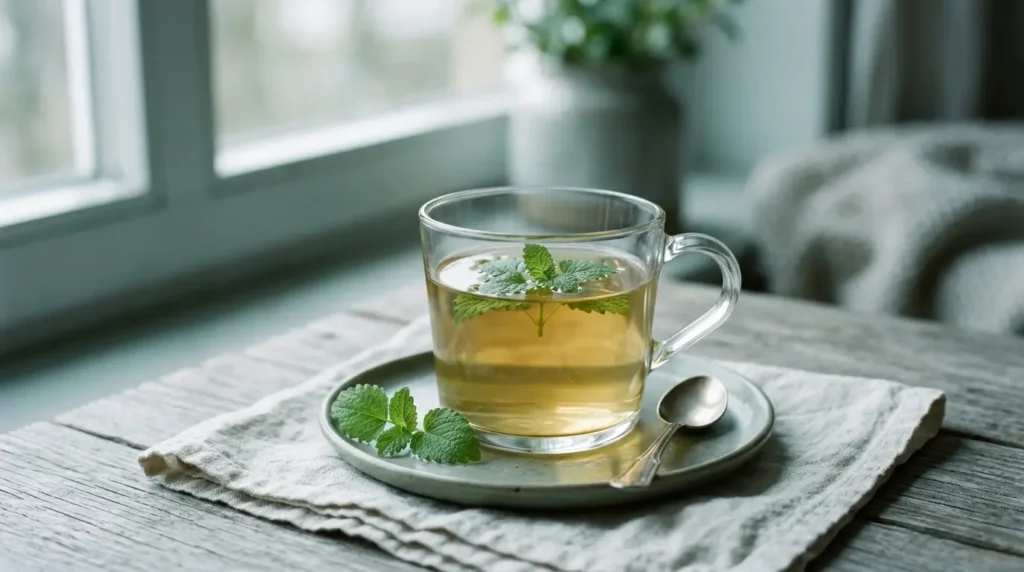 Glass mug of pale golden lemon balm herbal tea with fresh lemon balm leaves on a linen napkin