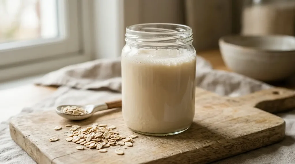 Creamy oat drink in a glass jar on a wooden board with scattered rolled oats nearby