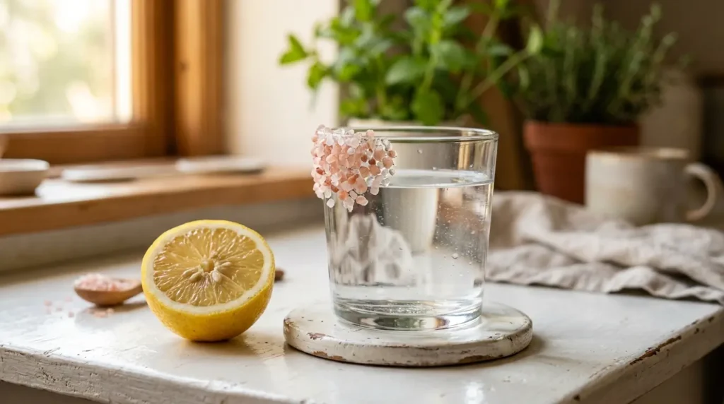 Glass of water with pink Himalayan salt and lemon on a white surface in morning light
