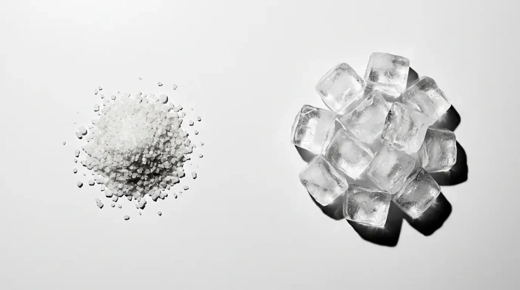 Coarse sea salt and ice cubes separated on a white surface under harsh overhead lighting