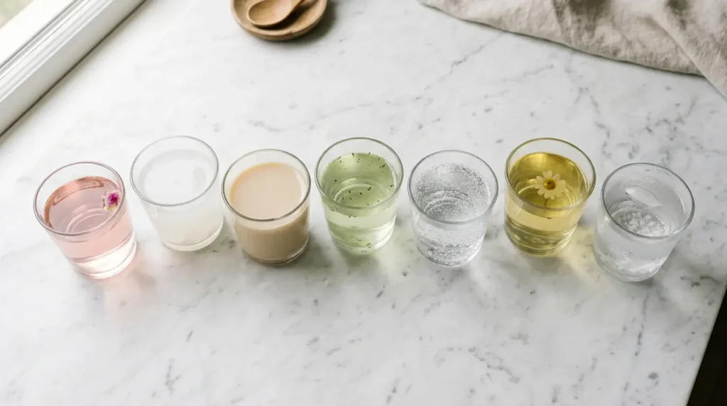 Seven viral weight-loss drinks in small glass tumblers arranged on a white marble surface